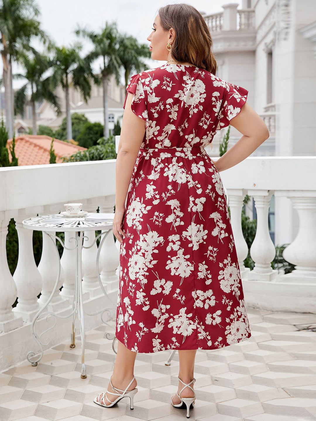 Red 1940s Floral V-Neck Belted Dress - vintage dress, retro fashion, elegant red