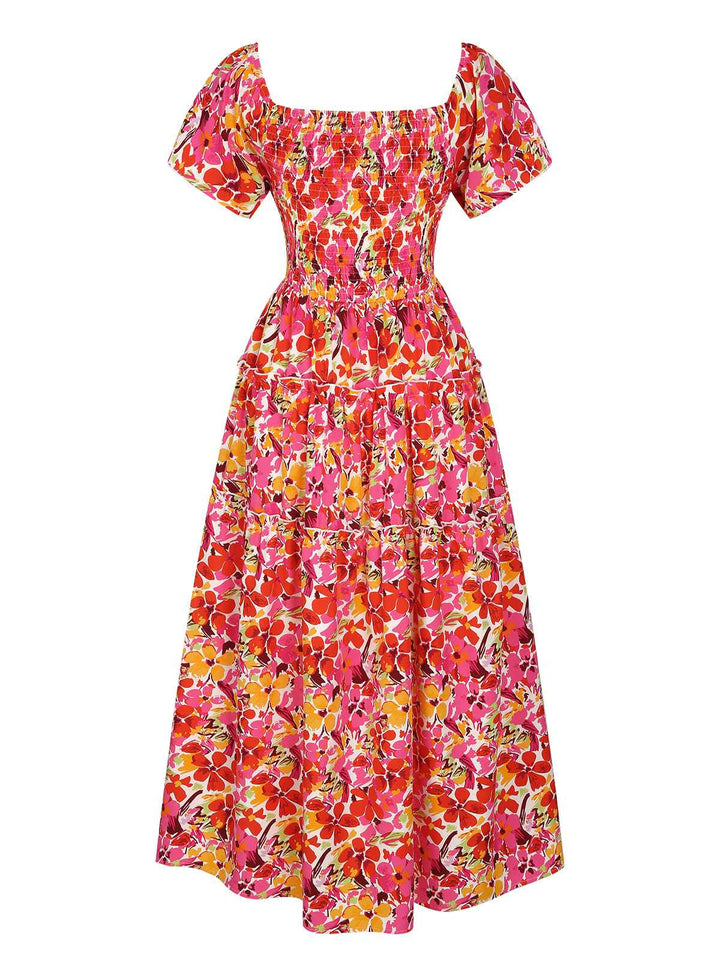 Red 1940s Flower Print Square Neck Tiered Dress, vintage dress, retro fashion - perfect for women who love vintage and retro fashion