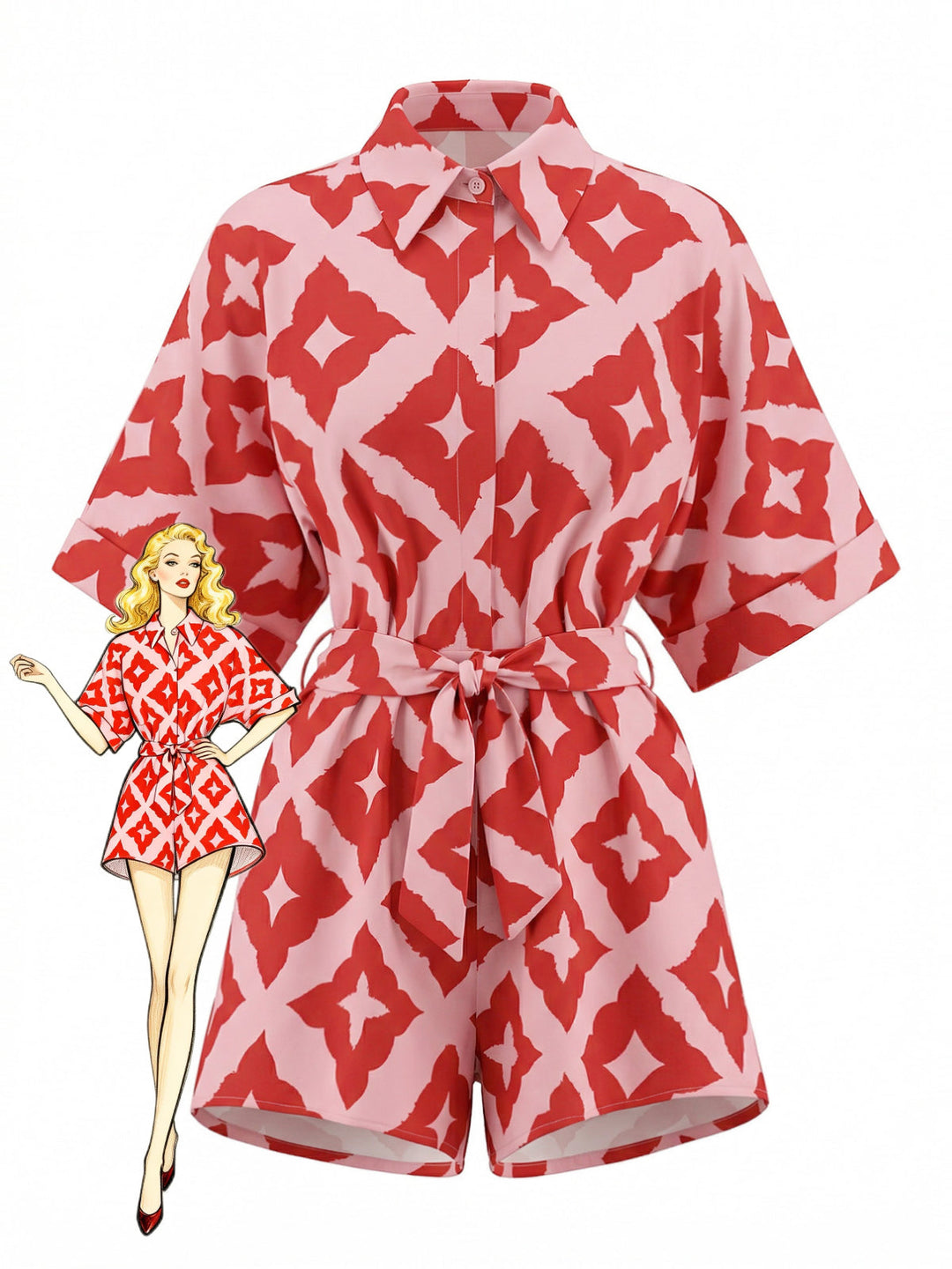 Red 1940s Geometric Floral Tie-Waist Romper - vintage romper, retro jumpsuit, playful style for vintage lovers