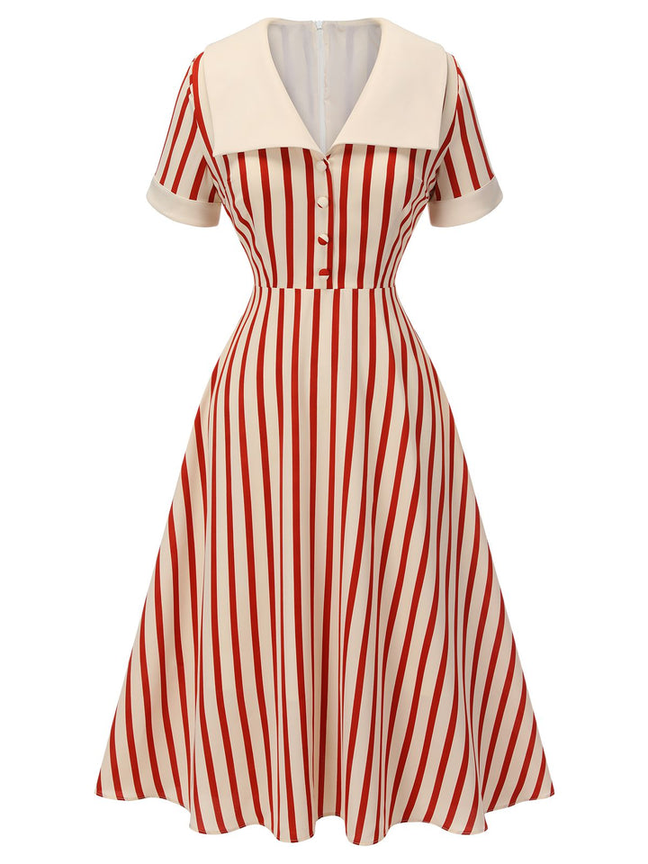 Red 1940s Lapel Vertical Stripes Dress, vintage dress, retro fashion - perfect for women who love vintage and retro fashion