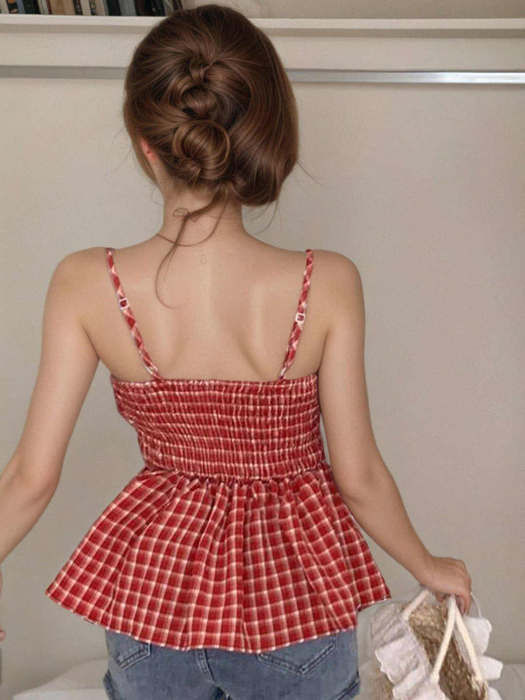 Red Plaid Twist Babydoll Camisole - vintage fashion, retro style, elegant red