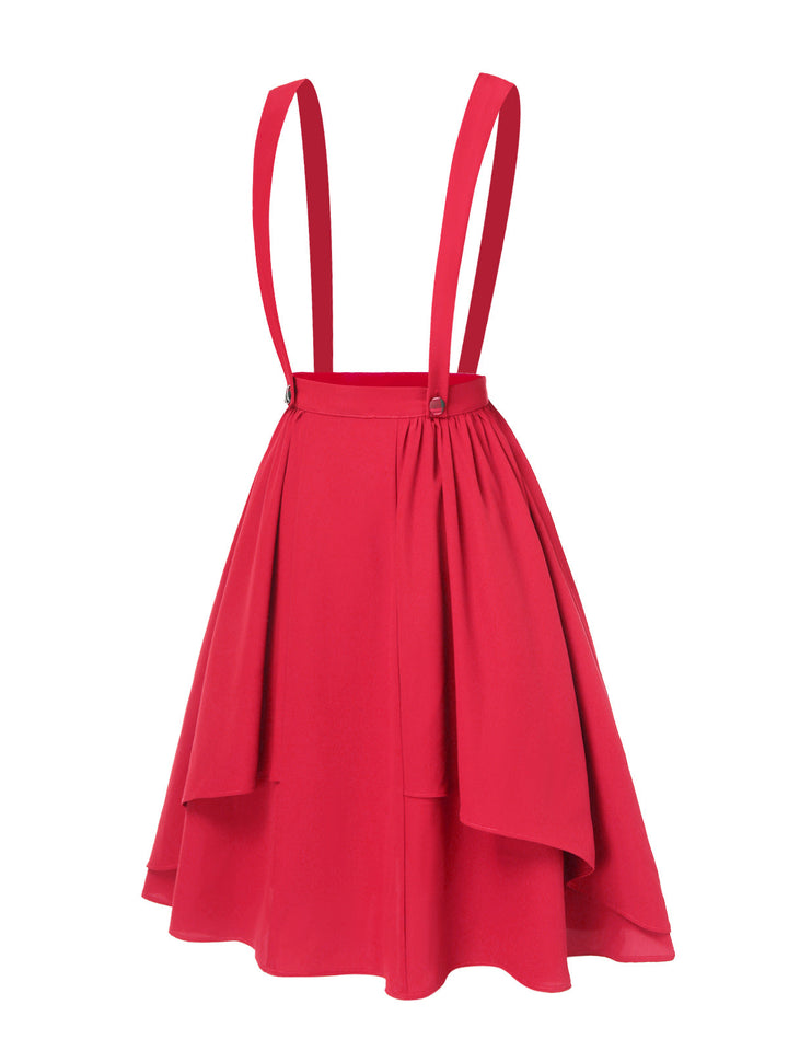 This Red 1940s Solid Layered Suspender Skirt spins 1940s stories with every step