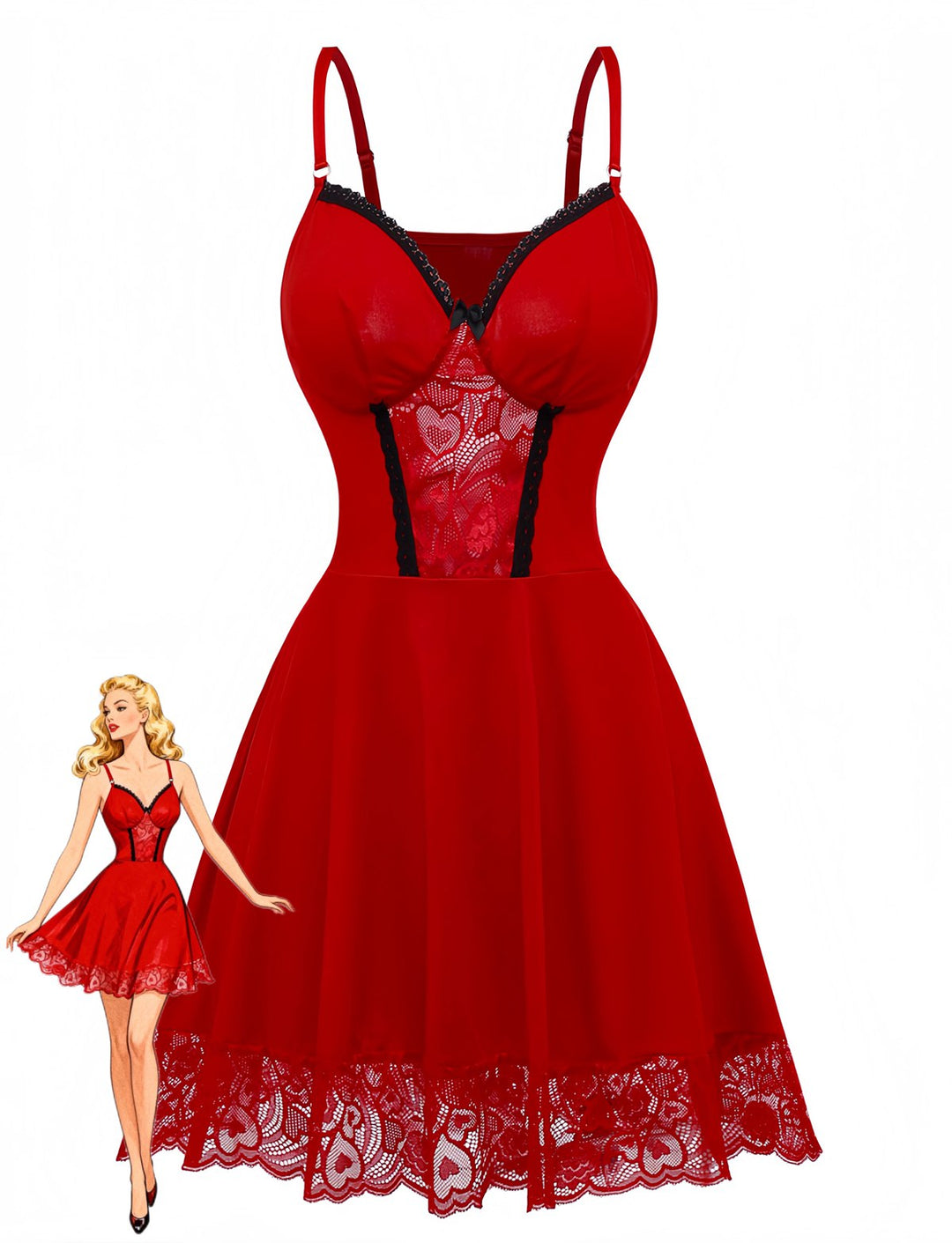 Red Spaghetti Strap Lace Trim Nightgown - vintage nightgown, retro sleepwear, elegant red