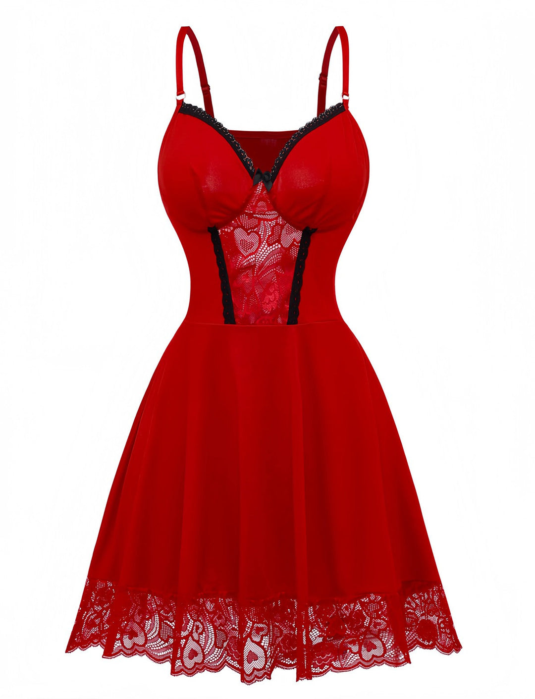 Red Spaghetti Strap Lace Trim Nightgown - vintage nightgown, retro sleepwear, elegant red