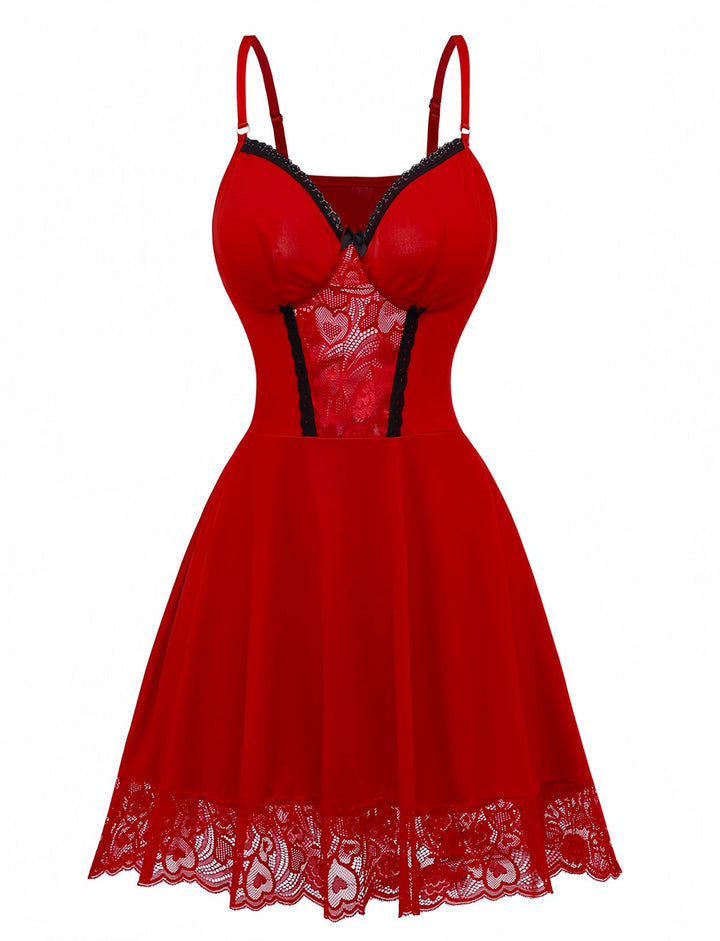Red Spaghetti Strap Lace Trim Nightgown - vintage nightgown, retro sleepwear, elegant red