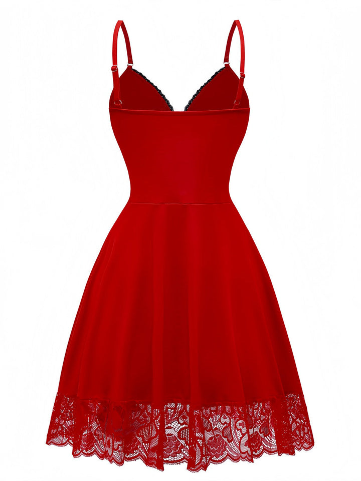 Red Spaghetti Strap Lace Trim Nightgown - vintage nightgown, retro sleepwear, elegant red