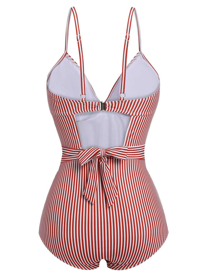 Red 1940s Spaghetti Strap Stripes One-Piece Swimsuit — because 1940s glamour never goes out of style