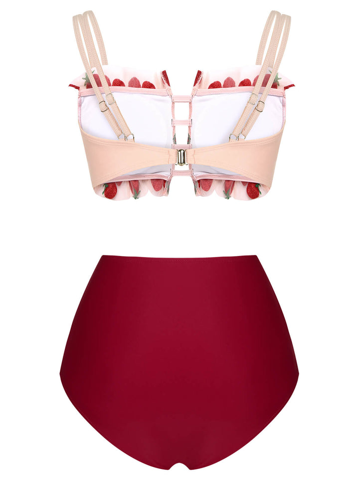 Red 1940s Strawberry Mesh Strap Swimsuit, vintage swimsuit, pin-up swimwear - perfect for women who love vintage and retro fashion