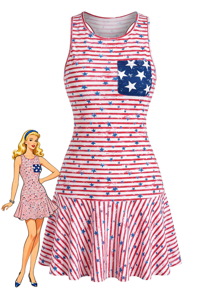 Red 1940s Striped &amp; Star Sleeveless Dress - vintage dress, retro fashion for vintage lovers