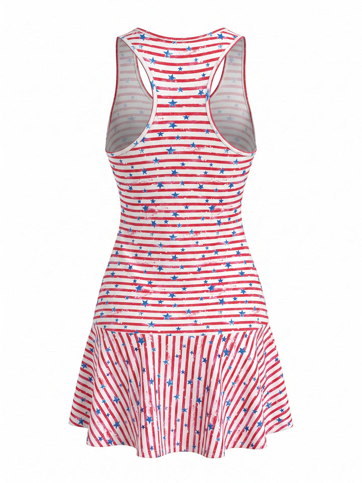 Red 1940s Striped &amp; Star Sleeveless Dress - vintage dress, retro fashion for vintage lovers