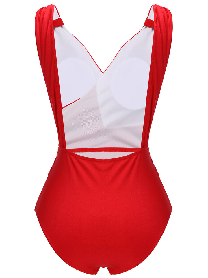 Red 1940s V-Neck Solid One-piece Swimsuit, vintage swimsuit, pin-up swimwear - perfect for women who love vintage and retro fashion
