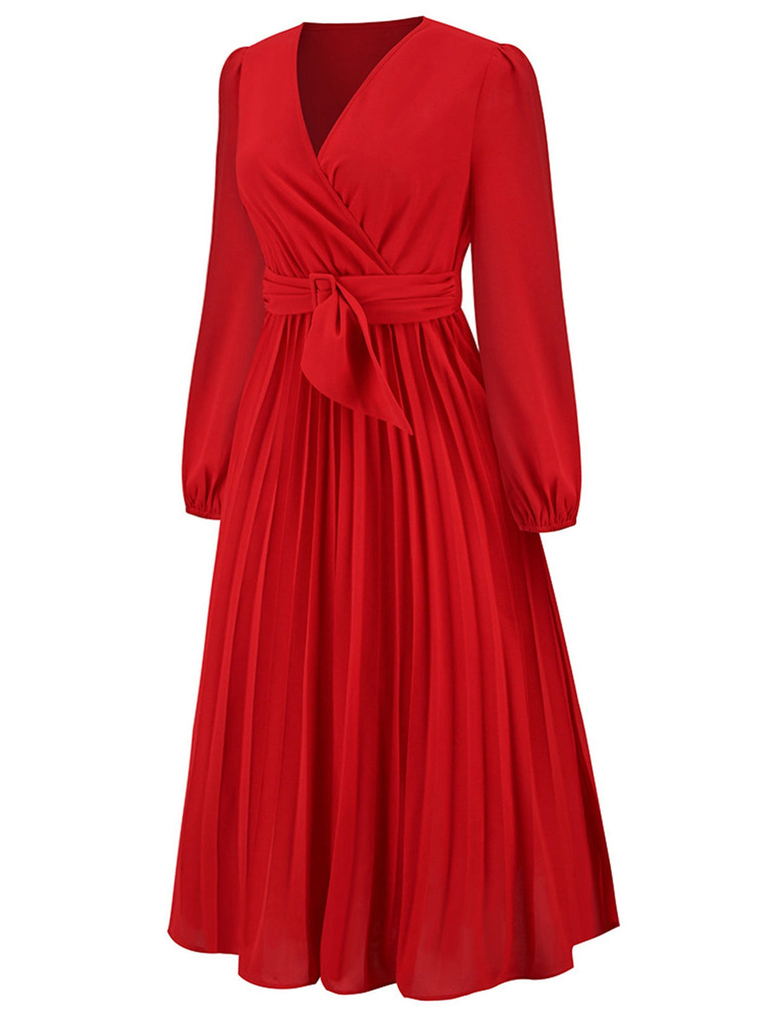 Red 1940s V-Neck Solid Pleated Dress: where 1940s romance meets her modern spirit