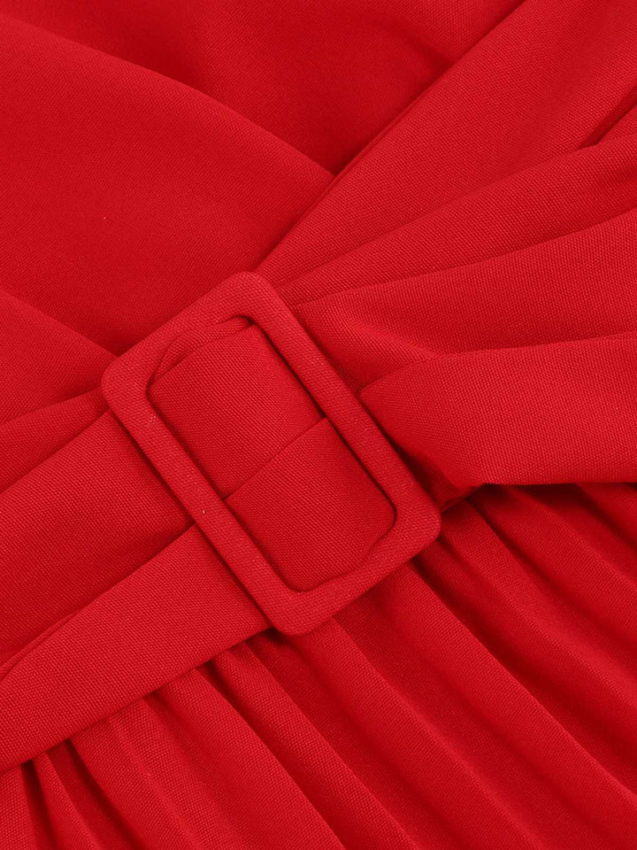 Red 1940s V-Neck Solid Pleated Dress — the kind of 1940s dress that makes strangers smile