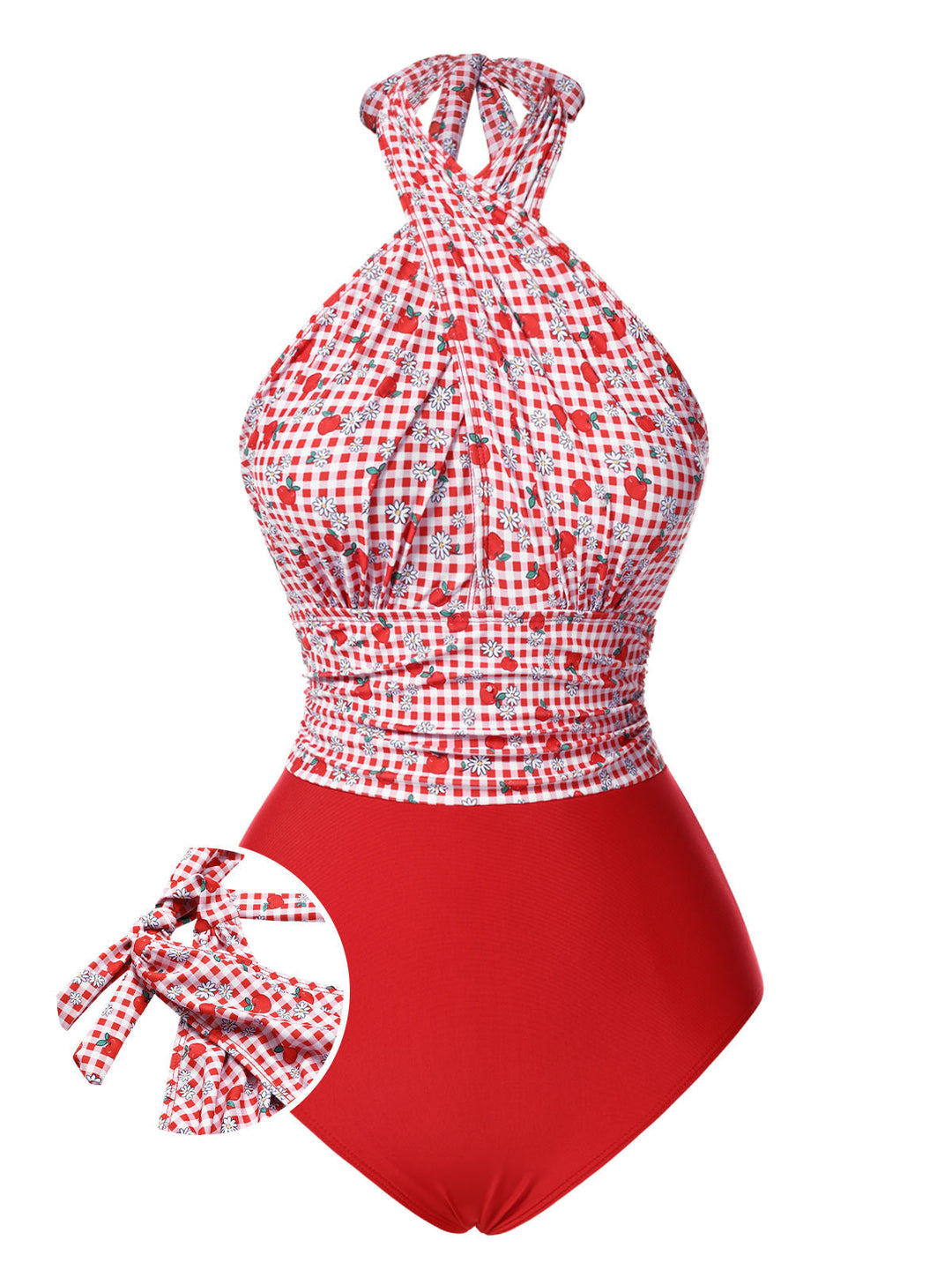 This Red Apple Plaid Wrapped Swimsuit carries vacation dreams in every stitch