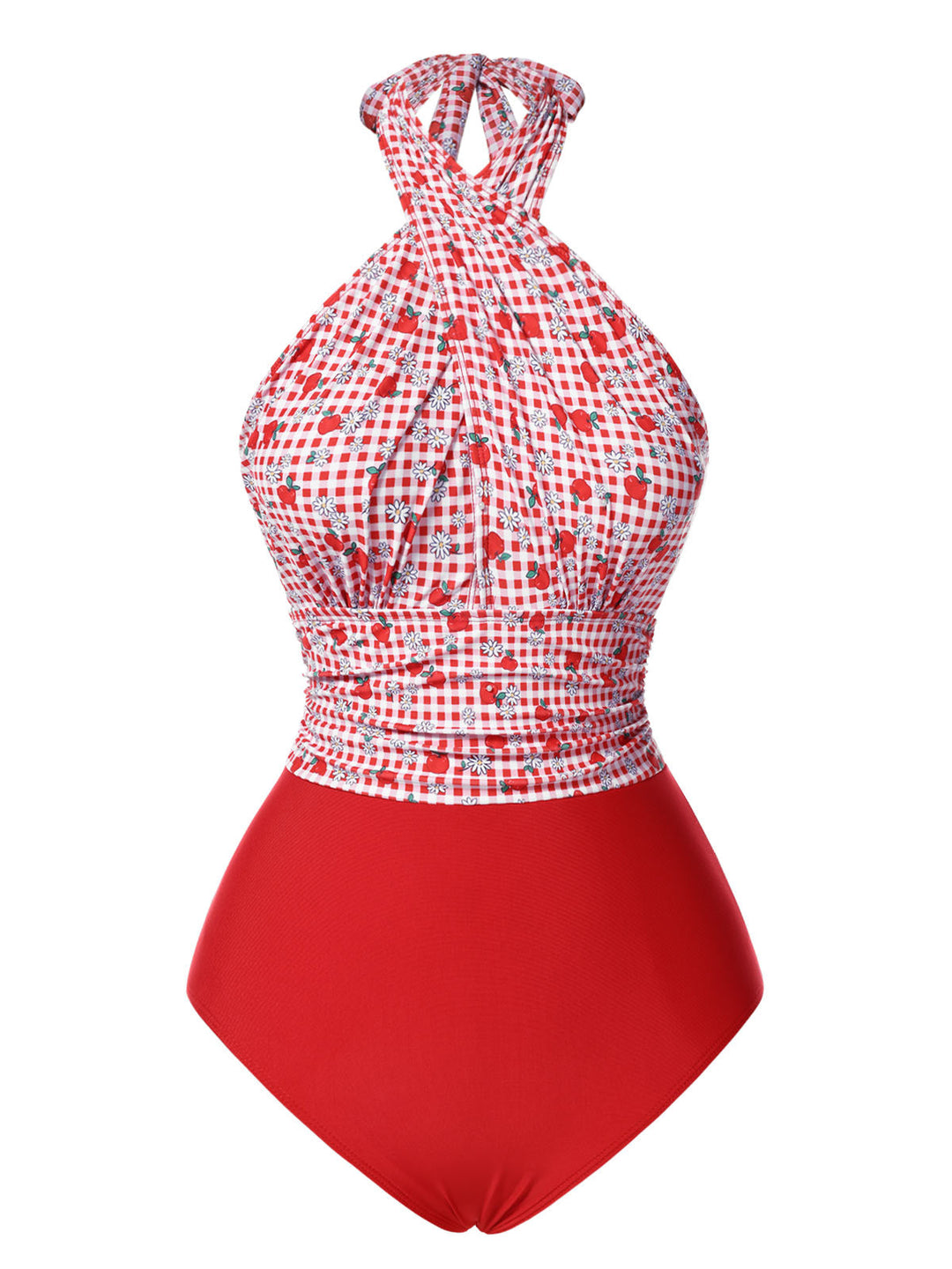Red Apple Plaid Wrapped Swimsuit — because glamour never goes out of style