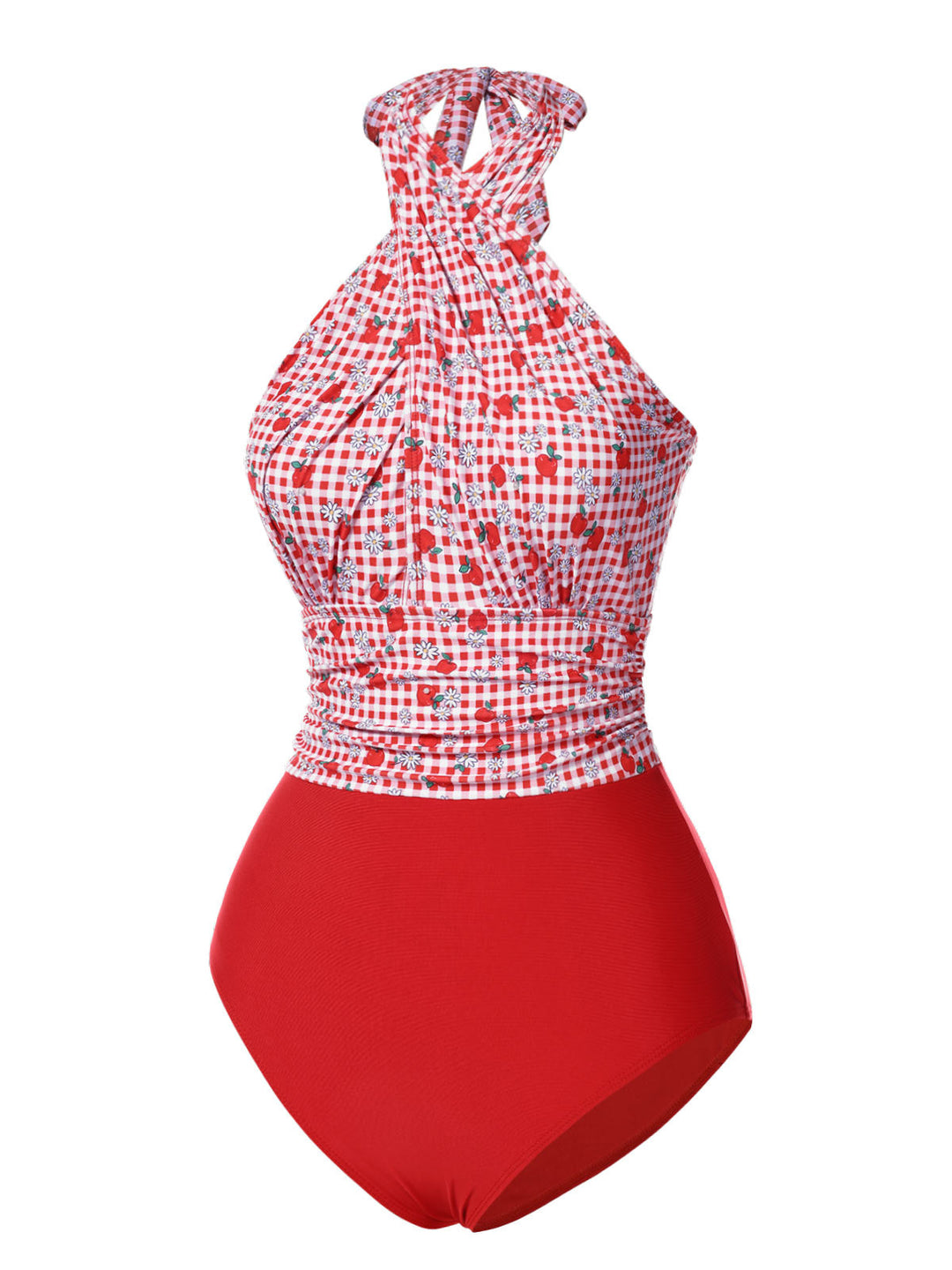 Red Apple Plaid Wrapped Swimsuit — poolside glamour meets sun-drenched confidence