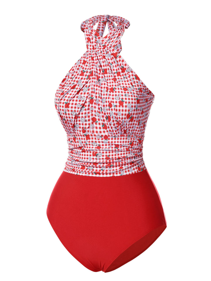 Red Apple Plaid Wrapped Swimsuit — poolside glamour meets sun-drenched confidence