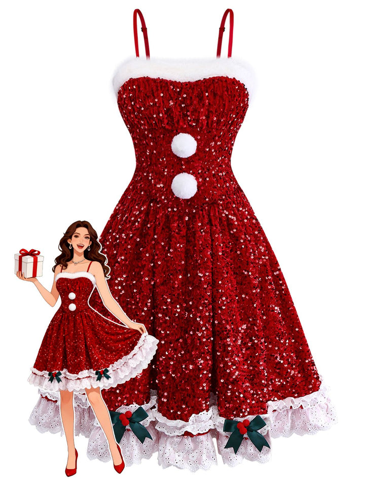 Red 1950s Bow Sequined Raw Hem Dress - vintage dress, retro fashion, rockabilly