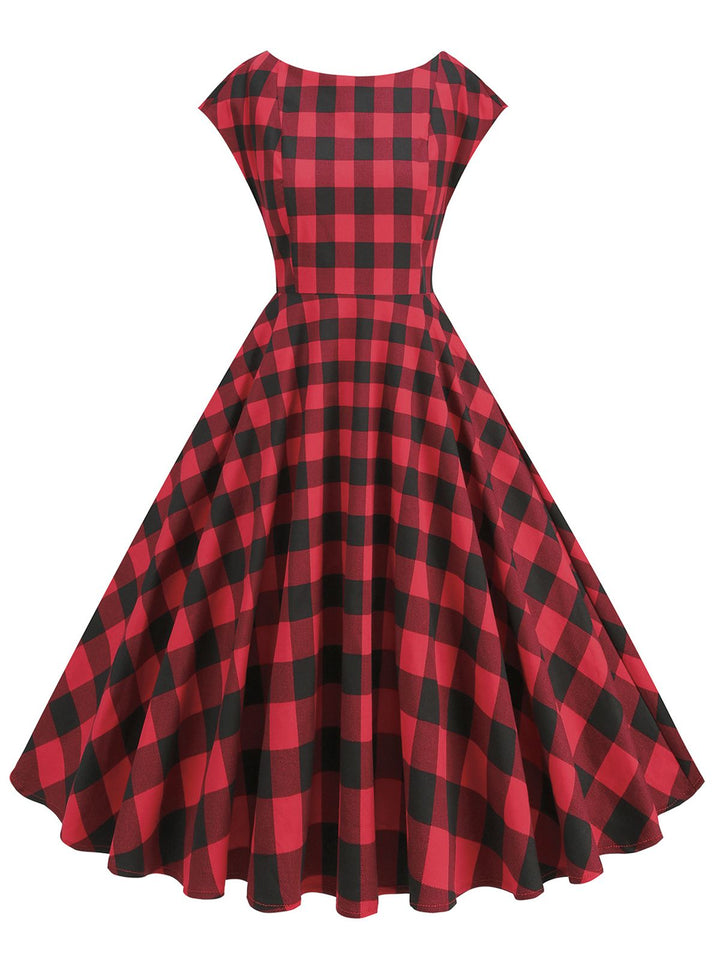 She slips into this Red 1950s Buffalo Plaids Swing Dress and suddenly it&