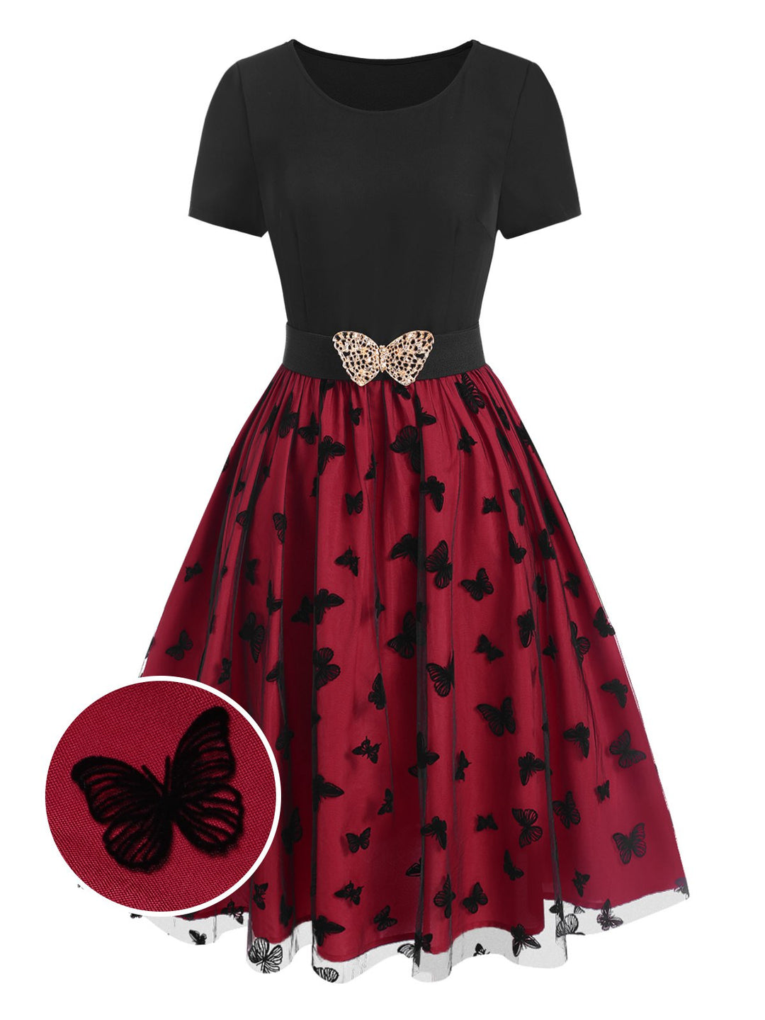 She slips into this Red 1950s Butterfly Embroidered Mesh Patchwork Dress and suddenly it&