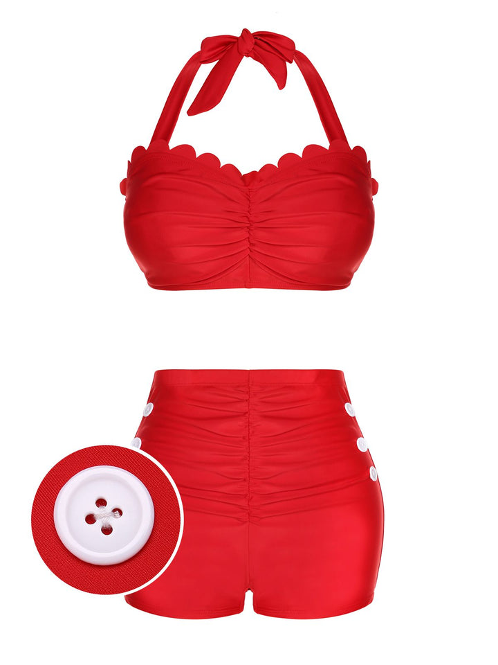 Red Button Ruffles Halter Swimsuit: timeless style reimagined