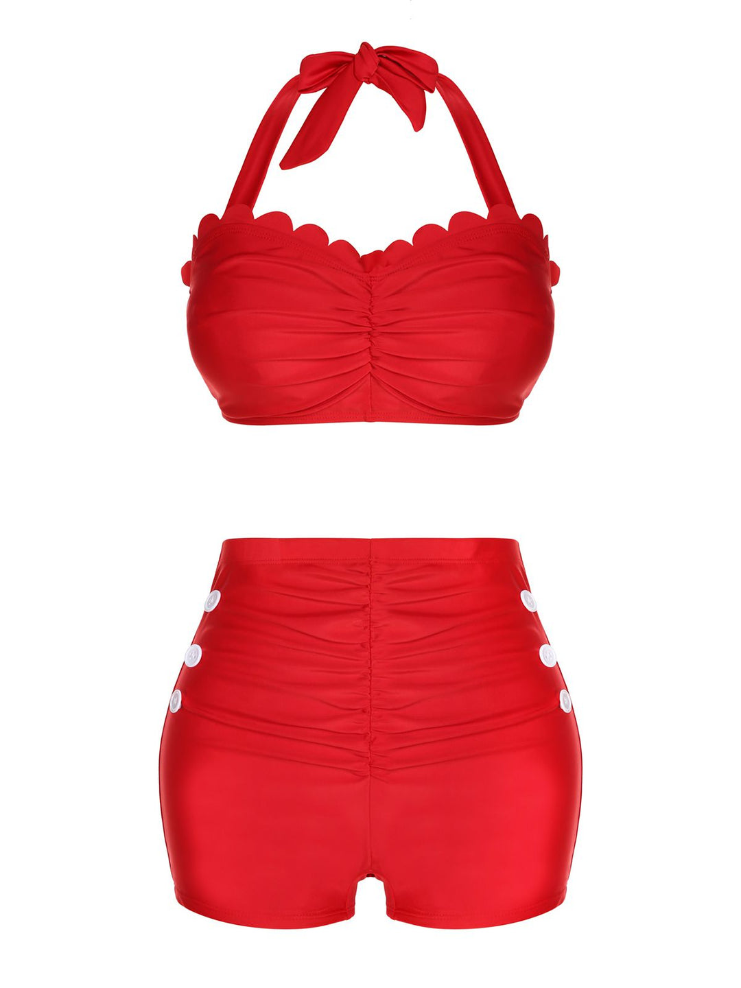Red Button Ruffles Halter Swimsuit — vintage elegance for the modern woman