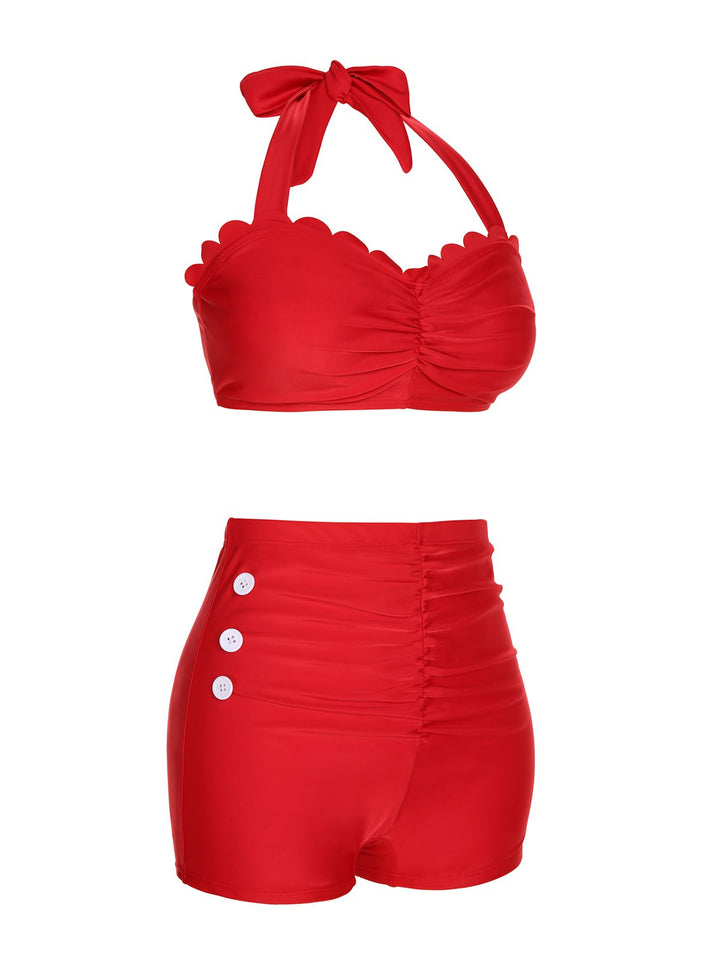 Red Button Ruffles Halter Swimsuit: timeless style reimagined