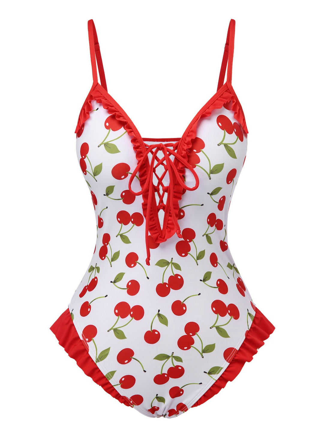 Red Cherry Lace-Up Ruffled Swimsuit: Riviera elegance, reimagined for her