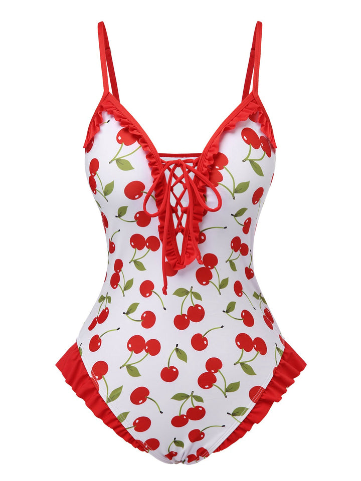 Red Cherry Lace-Up Ruffled Swimsuit: Riviera elegance, reimagined for her