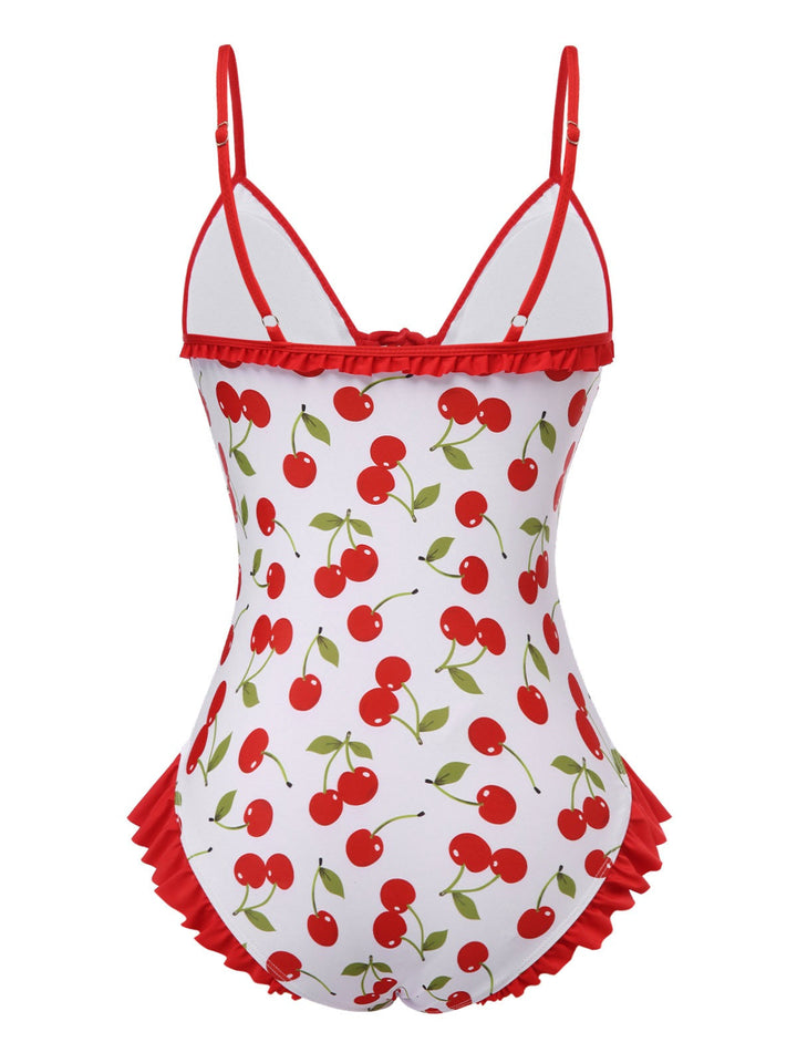 Red Cherry Lace-Up Ruffled Swimsuit — because glamour never goes out of style