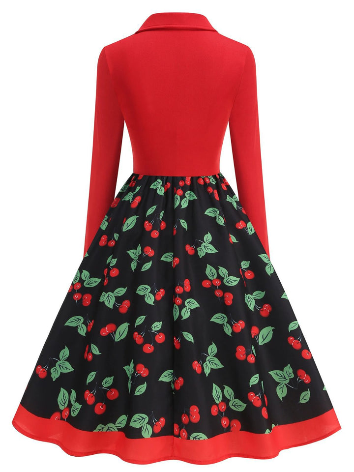 Red 1950s Cherry Print Long Sleeve Swing Dress - vintage dress, retro fashion, rockabilly