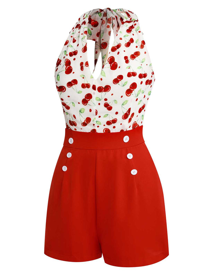 Red 1950s Cherry V-Neck Halter Lace-Up Romper | vintage romper, retro jumpsuit, playful style - perfect for retro fashion enthusiasts
