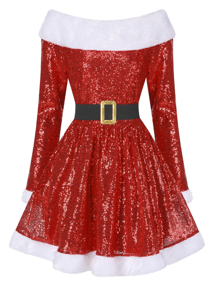 Red 1950s Christmas Off Shoulder Fur Belted Dress - vintage dress, retro fashion, rockabilly
