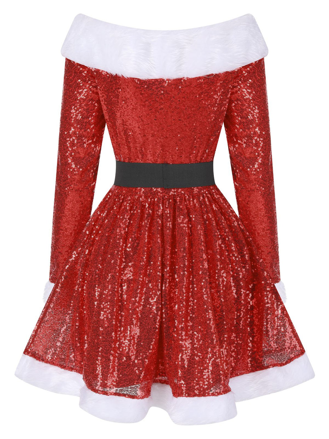 Red 1950s Christmas Off Shoulder Fur Belted Dress - vintage dress, retro fashion, rockabilly