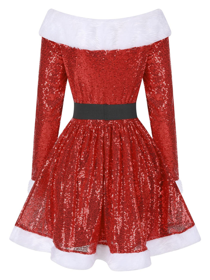 Red 1950s Christmas Off Shoulder Fur Belted Dress - vintage dress, retro fashion, rockabilly