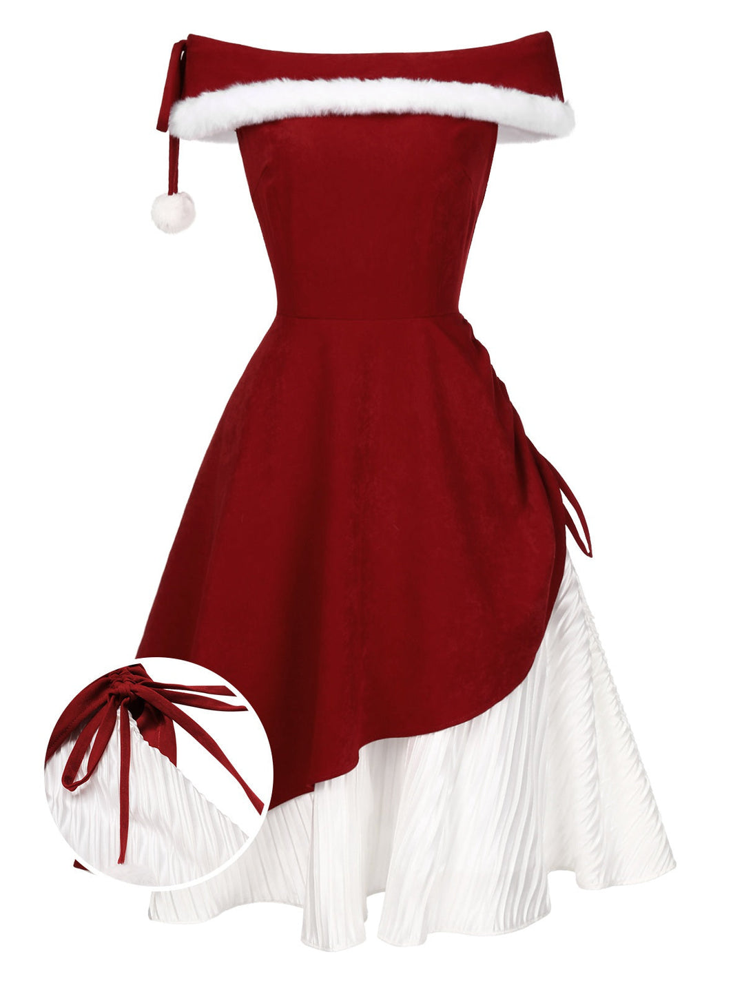 She slips into this Red 1950s Christmas Plush Off-Shoulder Dress and suddenly it&
