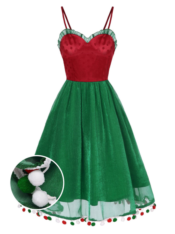She slips into this Red 1950s Christmas Polka Dot Mesh Dress and suddenly it&