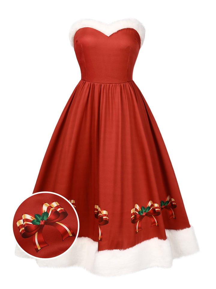 She slips into this Red 1950s Christmas Strapless Bow Fur Trim Dress and suddenly it&