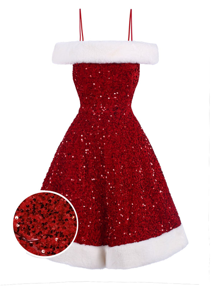 She slips into this Red 1950s Cold-Shoulder Furry Sequined Dress and suddenly it&
