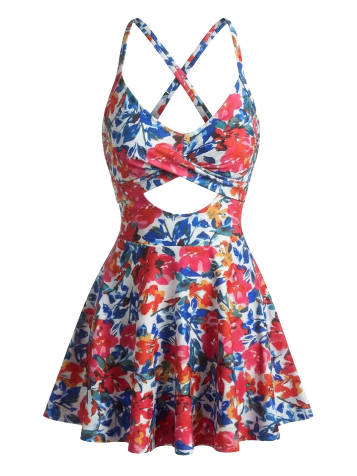 Red Color Block Skirted One Piece Swimsuit, vintage skirt, retro style - perfect for women who love vintage and retro fashion
