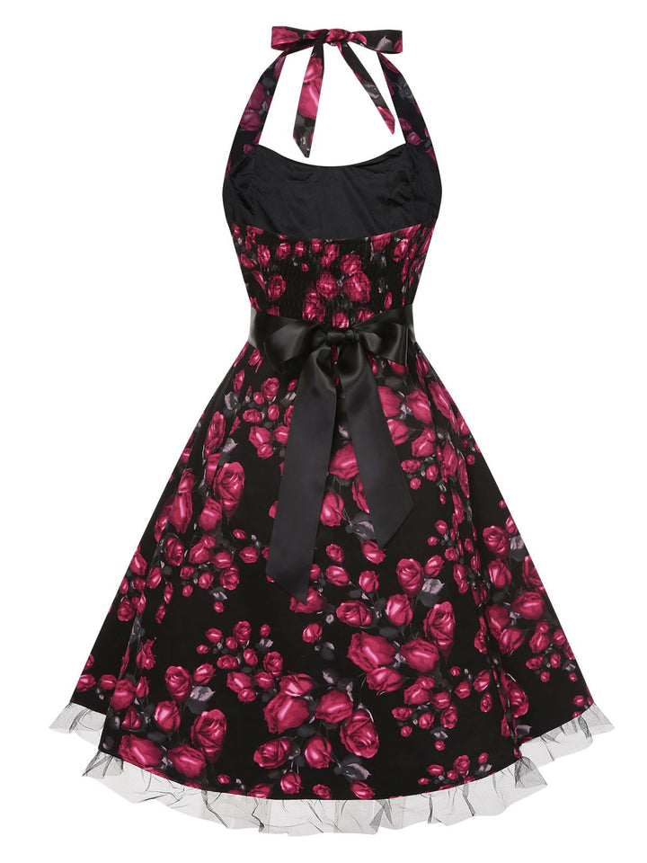 Red 1950s Floral Halter Lace Swing Dress, vintage dress, retro fashion, rockabilly, pin-up fashion - perfect for women who love vintage and retro fashion