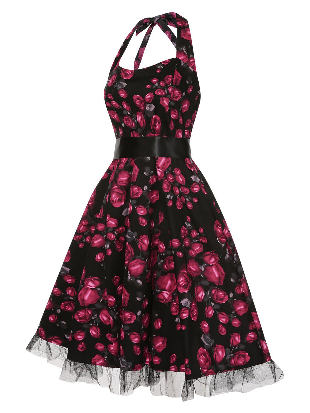 Red 1950s Floral Halter Lace Swing Dress, vintage dress, retro fashion, rockabilly, pin-up fashion - perfect for women who love vintage and retro fashion