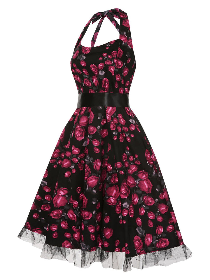 Red 1950s Floral Halter Lace Swing Dress, vintage dress, retro fashion, rockabilly, pin-up fashion - perfect for women who love vintage and retro fashion