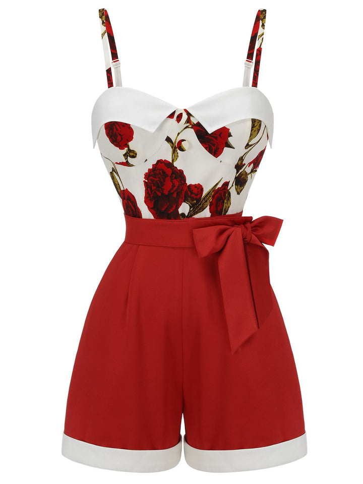 Red 1950s Floral Strap Patchwork Romper, vintage romper, jumpsuit - perfect for women who love vintage and fashion