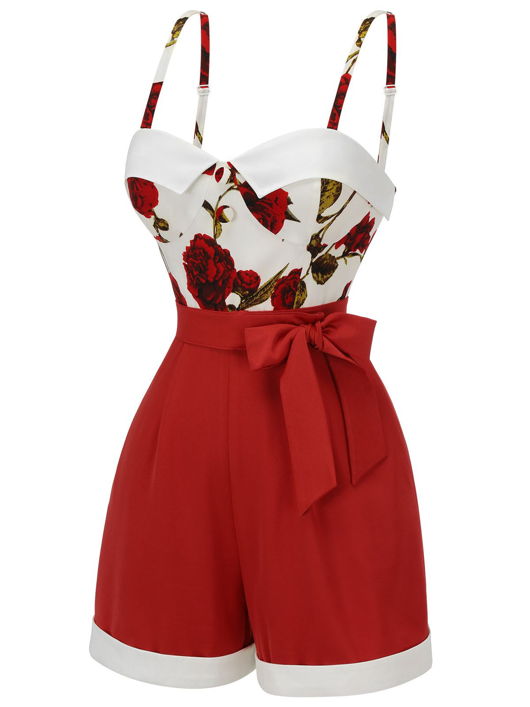Red 1950s Floral Strap Patchwork Romper, vintage romper, jumpsuit - perfect for women who love vintage and fashion