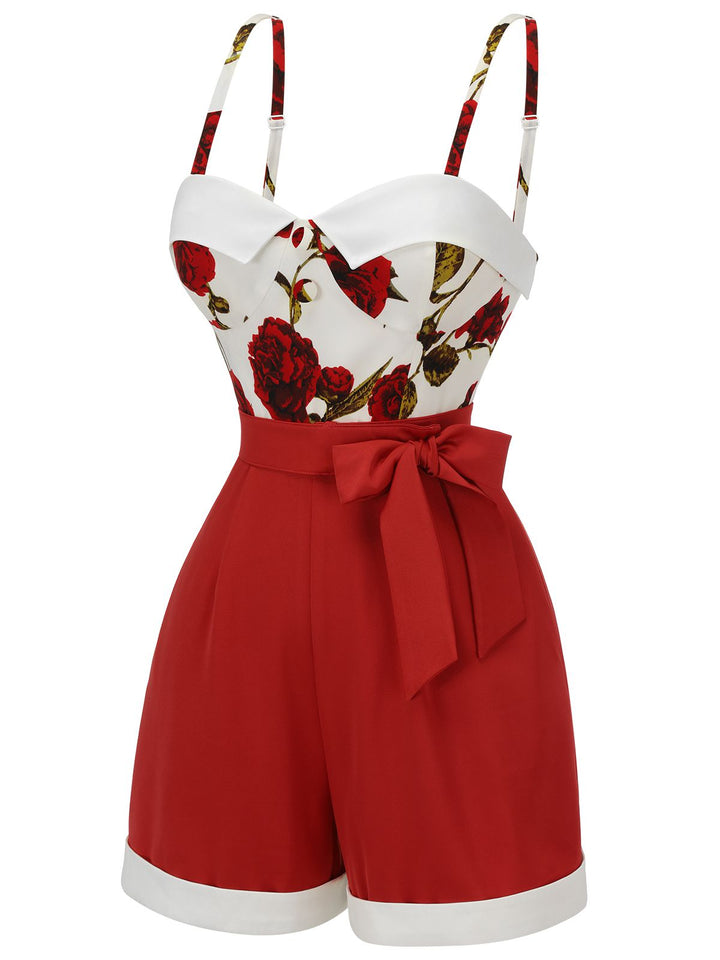 Red 1950s Floral Strap Patchwork Romper, vintage romper, jumpsuit - perfect for women who love vintage and fashion