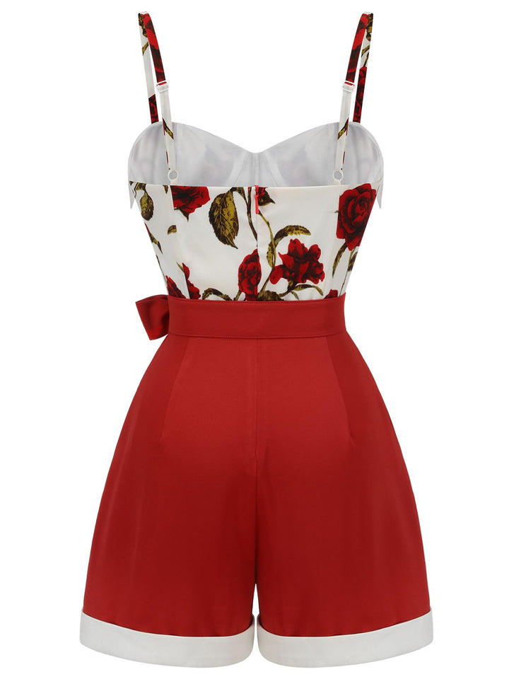 Red 1950s Floral Strap Patchwork Romper, vintage romper, jumpsuit - perfect for women who love vintage and fashion