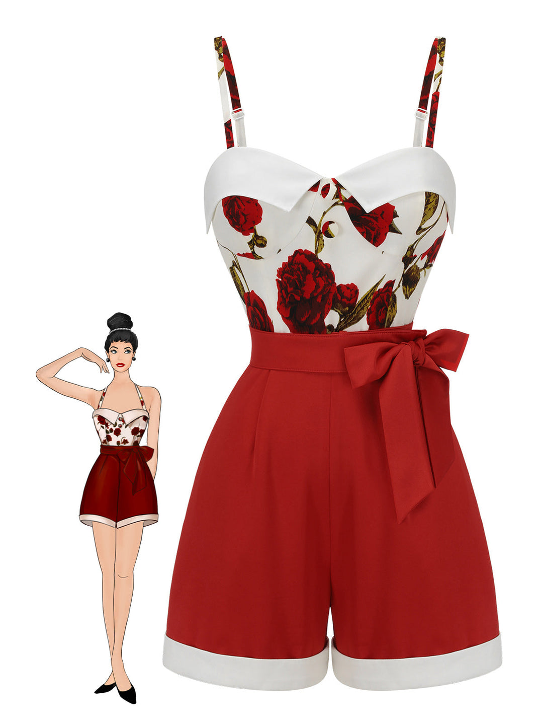 Red 1950s Floral Strap Patchwork Romper: timeless style reimagined