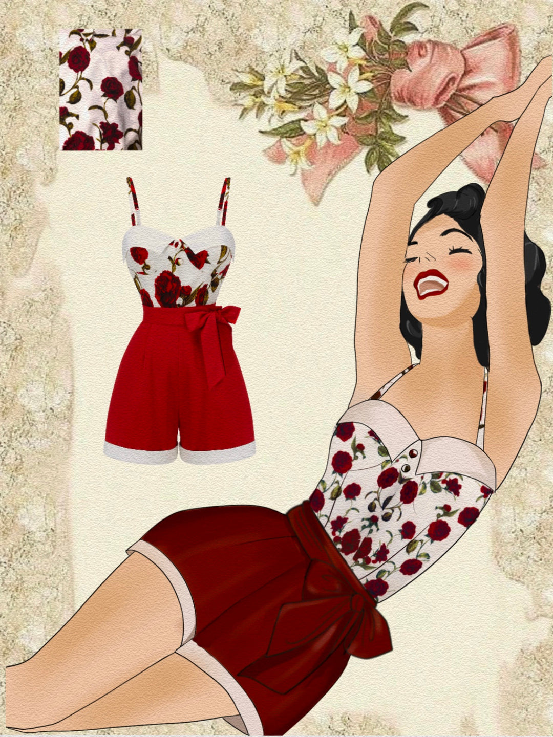 Red 1950s Floral Strap Patchwork Romper: timeless style reimagined