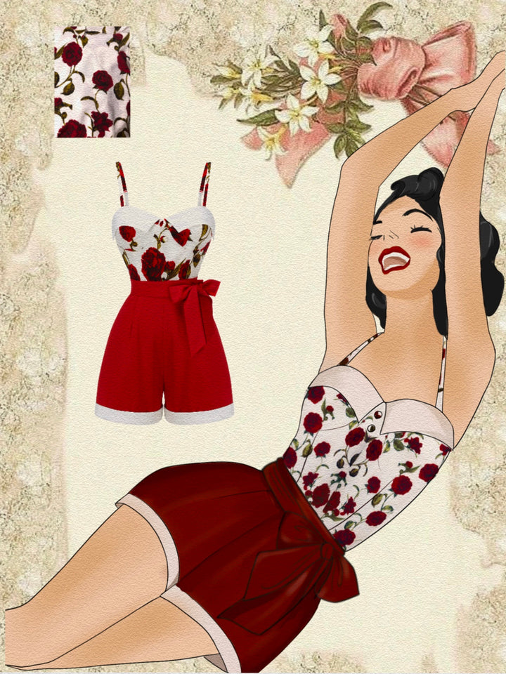 Red 1950s Floral Strap Patchwork Romper: timeless style reimagined